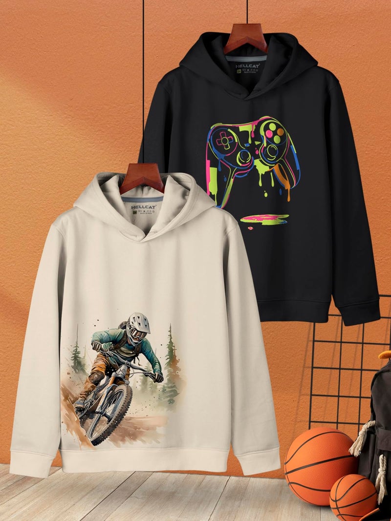 HELLCAT Trendy Printed Cotton Blend Hoodie Sweatshirt for Boys - Pack of 2_Beige / Black_9-10 Years - Image 2