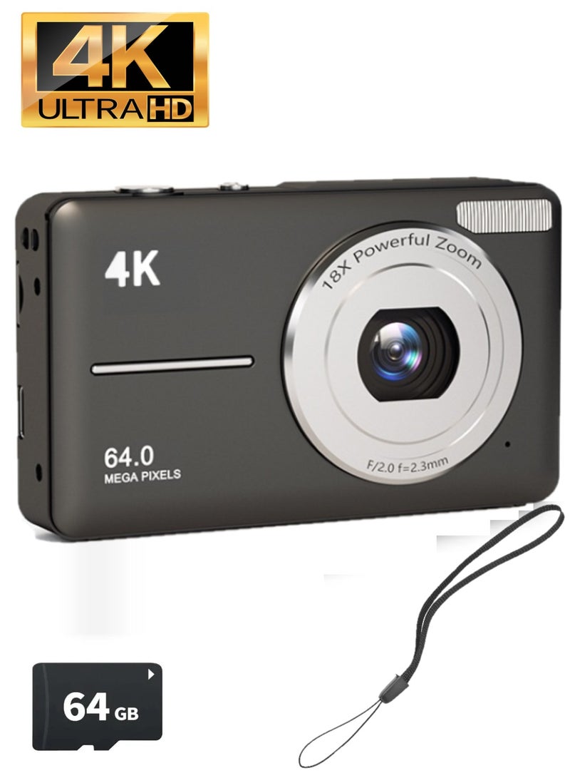 4K digital camera. cameras digital with 64GB card. 18X zoom digital camera. 4k Kids Camera 64MP Point and Shoot. Small, portable digital camera. camera for kids and adults, suitable for travel. black. - Image 1