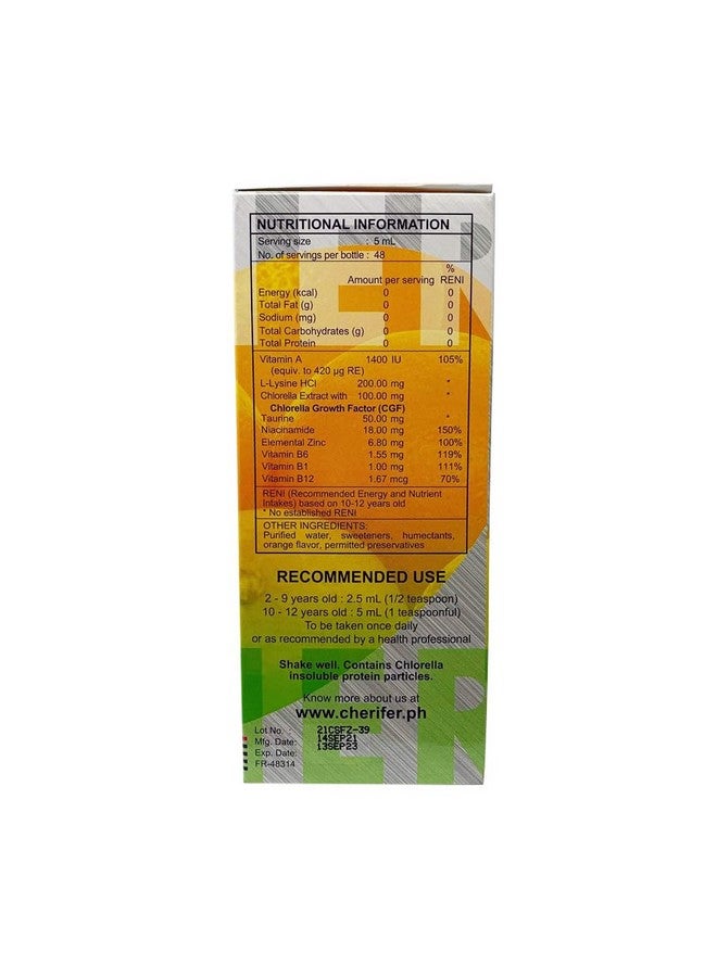 Cherifer Forte Syrup Fortified with Zinc with Taurine and Double Chlorella Growth Factor + Zinc Orange Flavor 240 ml - Image 3