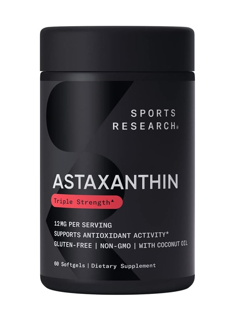 سبورتس ريسيرش Sports Research Astaxanthin Triple Strength 12mg 60 كبسولة هلامية تدعم نشاط مضادات الأكسدة - Image 1