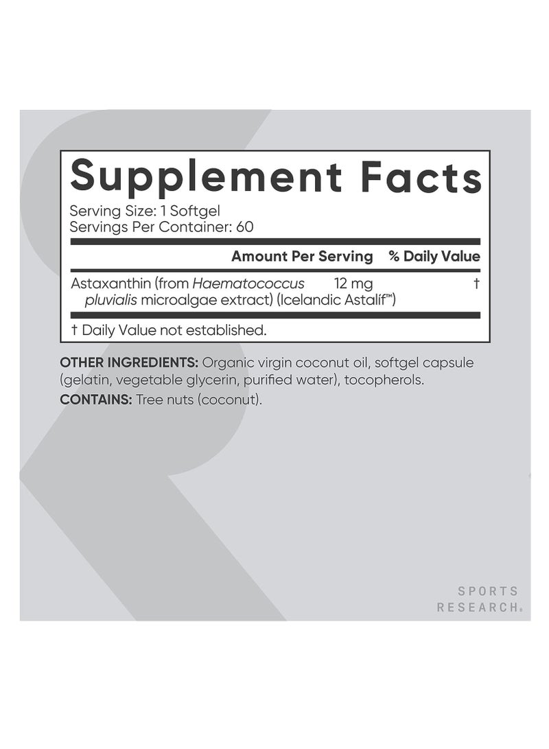 سبورتس ريسيرش Sports Research Astaxanthin Triple Strength 12mg 60 كبسولة هلامية تدعم نشاط مضادات الأكسدة - Image 3
