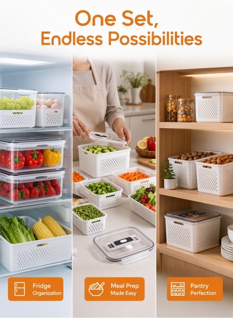MEDOOSI 6PCS-Kitchen Storage Boxes - Airtight, Microwave & Freezer Safe | Fridge & Pantry Organizers | Durable Containers with 6 Draining Baskets & Dividers | For Kitchen, Food & Vegetables. - Image 4