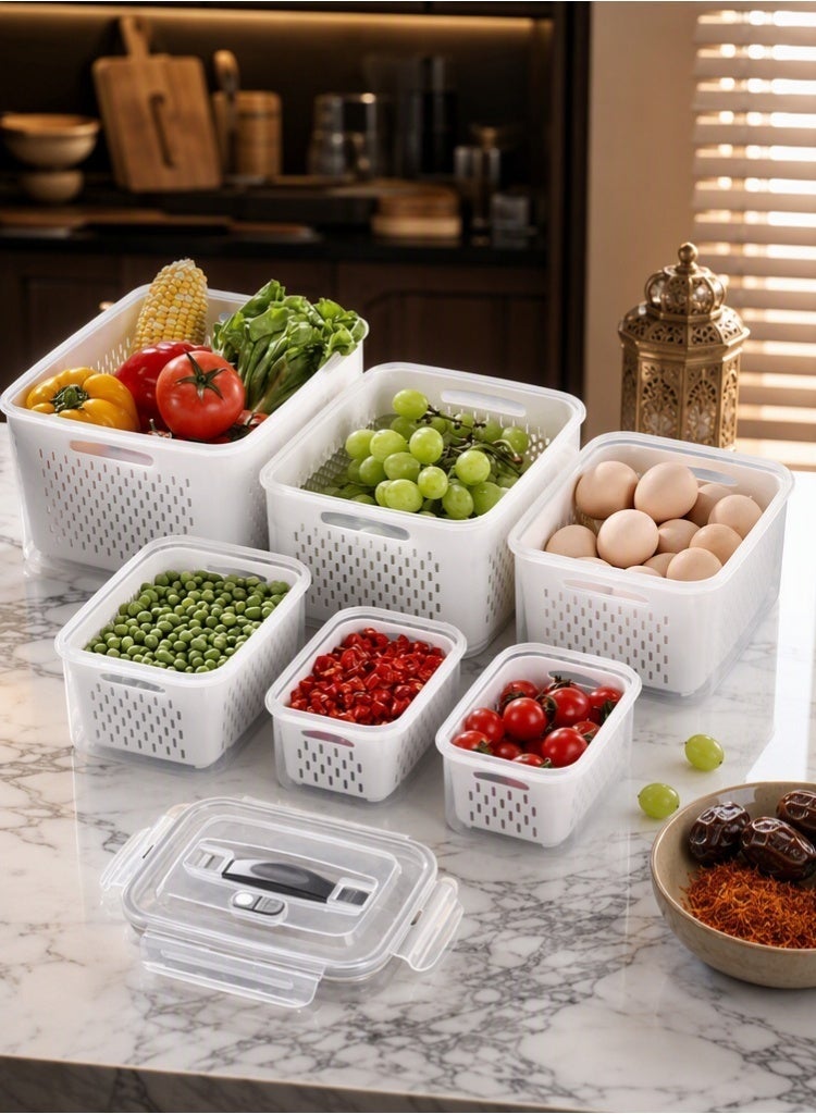 MEDOOSI 6PCS-Kitchen Storage Boxes - Airtight, Microwave & Freezer Safe | Fridge & Pantry Organizers | Durable Containers with 6 Draining Baskets & Dividers | For Kitchen, Food & Vegetables. - Image 1