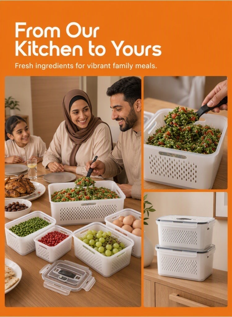 MEDOOSI 6PCS-Kitchen Storage Boxes - Airtight, Microwave & Freezer Safe | Fridge & Pantry Organizers | Durable Containers with 6 Draining Baskets & Dividers | For Kitchen, Food & Vegetables. - Image 5