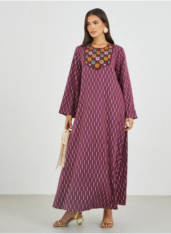 أميرة Amirah Embellished Foil Print A-Line Jalabiya