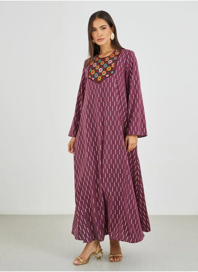 أميرة Amirah Embellished Foil Print A-Line Jalabiya