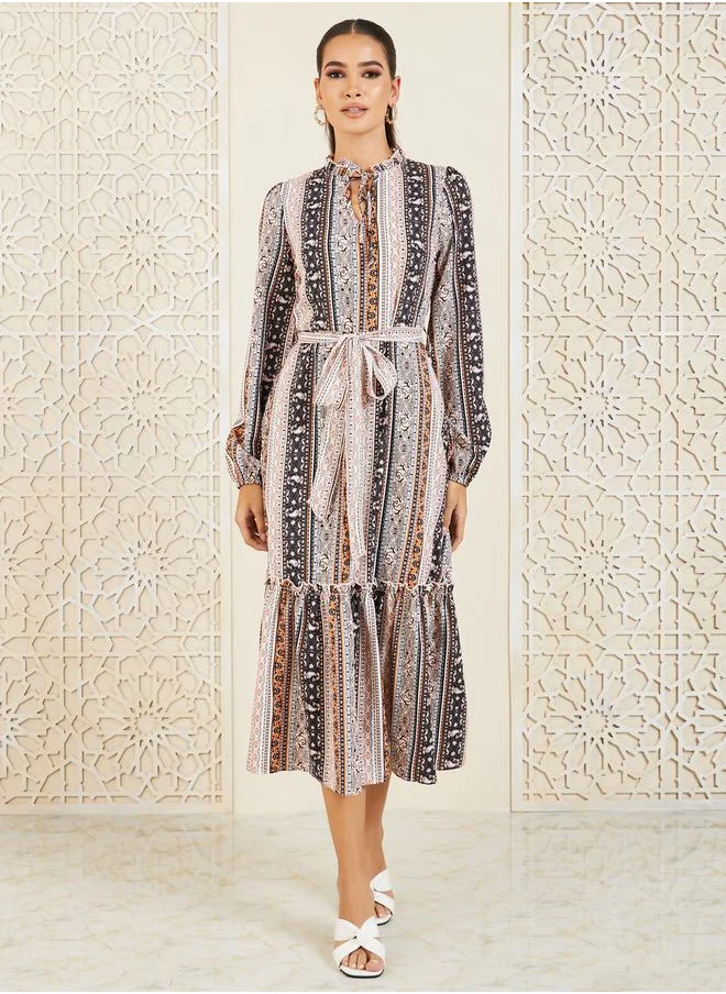Styli Bohemian Print Tie Up Neck A-Line Midi Dress