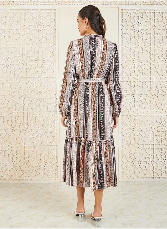 Styli Bohemian Print Tie Up Neck A-Line Midi Dress
