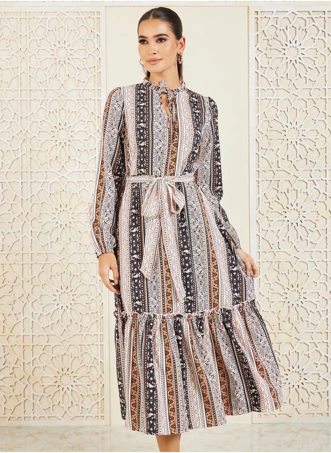 Styli Bohemian Print Tie Up Neck A-Line Midi Dress