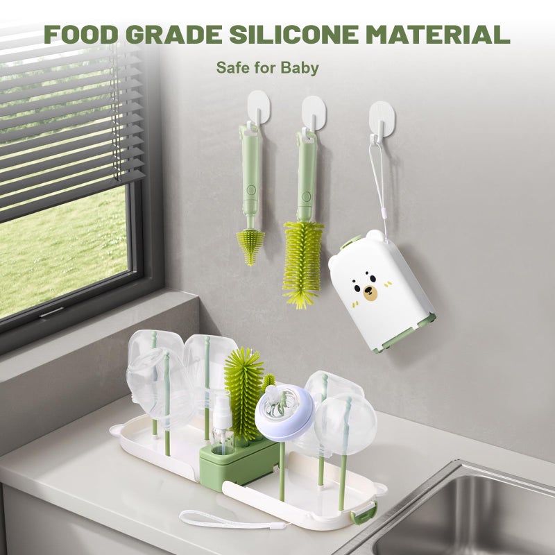 Hranio Baby Bottle Cleaner Brush Set Bottle Cleaner Brush Set Portable Bottle Cleaning Kit Set Silicone Brush, Nipple Brush, Straw Brush, Dispense Detergent Dispenser, Drying Rack - 6 in 1 - Image 2