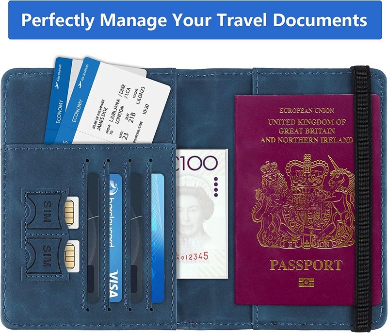 Linist حافظة جواز السفر، محفظة حجب RFID، حافظة مستندات السفر من جلد PU، حافظة بطاقات، ملحقات سفر للنساء والرجال (أزرق) - Image 5
