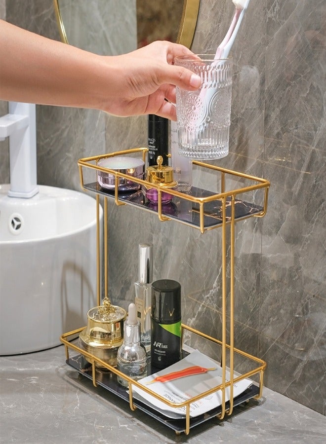 MIXDE 2-Tier Metal Countertop Bathroom Organizer Rack and Cosmetic Countertop Storage Shelf with Removable Marble Glass Tray - Image 1