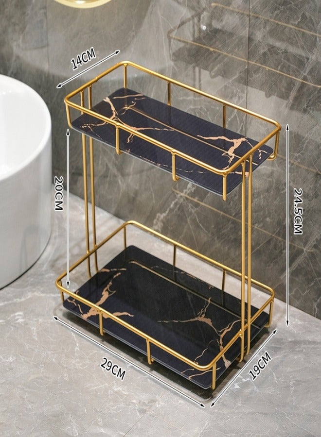 MIXDE 2-Tier Metal Countertop Bathroom Organizer Rack and Cosmetic Countertop Storage Shelf with Removable Marble Glass Tray - Image 2
