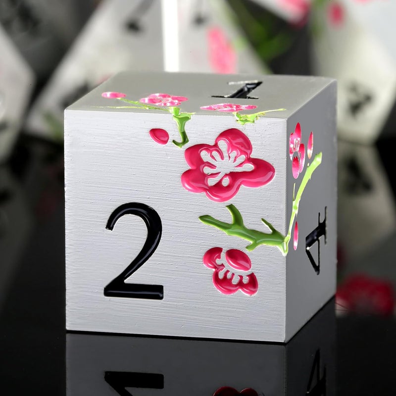 DNDND Metal Dungeons and Dragons Dice 7 PCS Heavy Metallic Flower D&D Dice Set with Gorgeous Gift Case for DND Tabletop Game (Matte Silver with Pink Flower) - Image 1