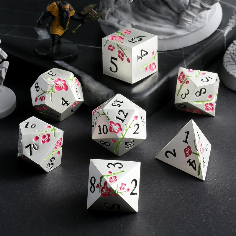 DNDND Metal Dungeons and Dragons Dice 7 PCS Heavy Metallic Flower D&D Dice Set with Gorgeous Gift Case for DND Tabletop Game (Matte Silver with Pink Flower) - Image 3