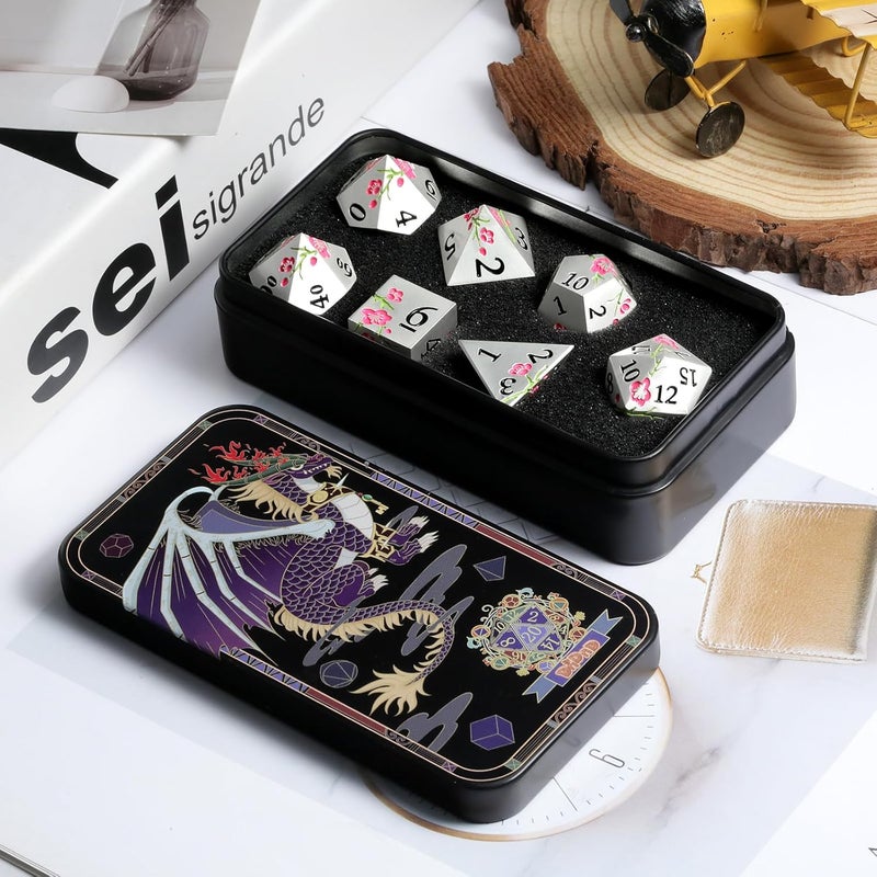 DNDND Metal Dungeons and Dragons Dice 7 PCS Heavy Metallic Flower D&D Dice Set with Gorgeous Gift Case for DND Tabletop Game (Matte Silver with Pink Flower) - Image 4