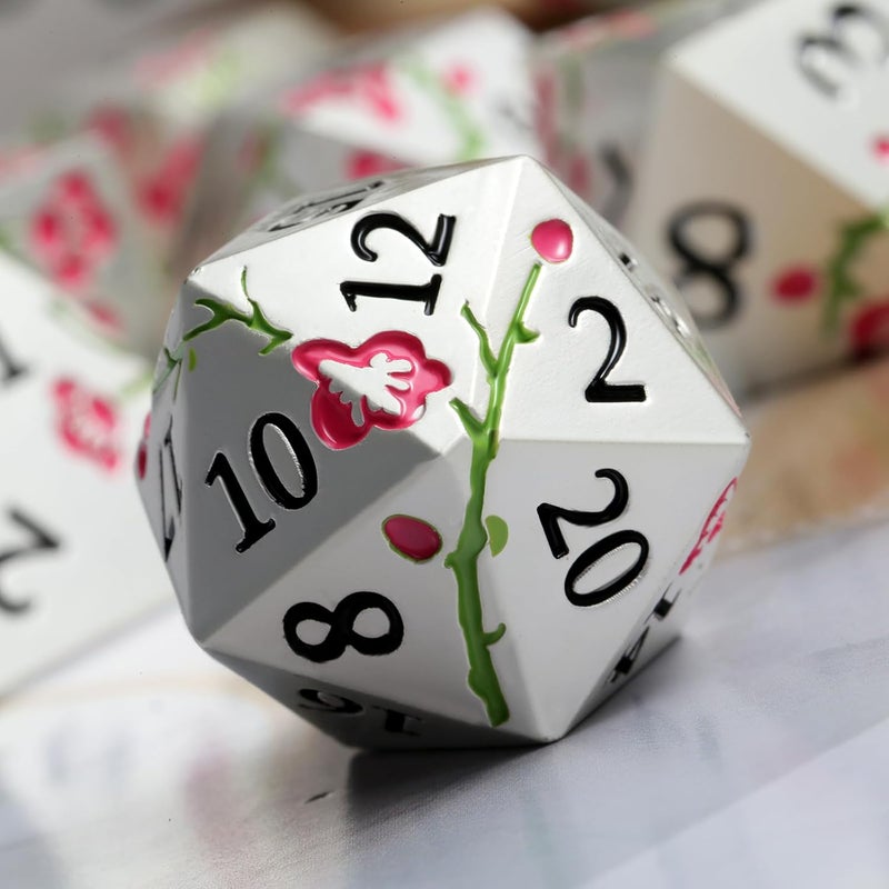 DNDND Metal Dungeons and Dragons Dice 7 PCS Heavy Metallic Flower D&D Dice Set with Gorgeous Gift Case for DND Tabletop Game (Matte Silver with Pink Flower) - Image 2