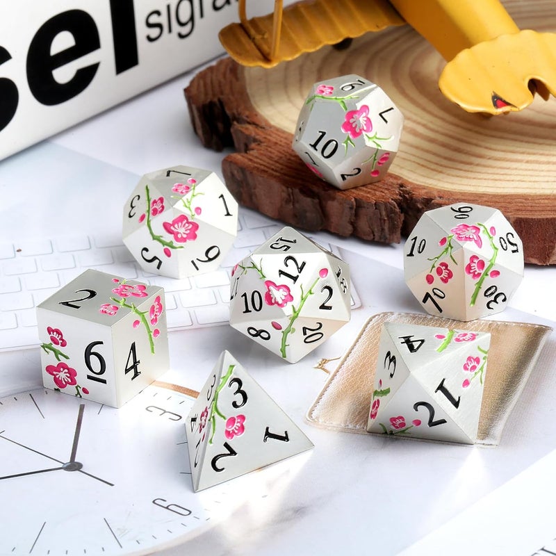 DNDND Metal Dungeons and Dragons Dice 7 PCS Heavy Metallic Flower D&D Dice Set with Gorgeous Gift Case for DND Tabletop Game (Matte Silver with Pink Flower) - Image 5