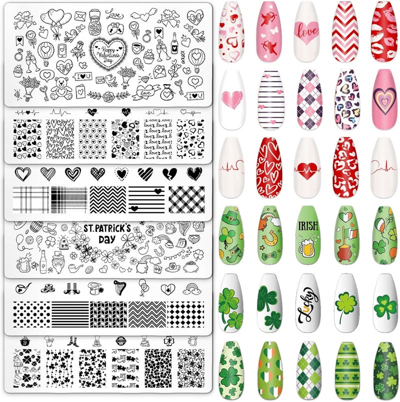 مجموعة لوحات طباعة أظافر عيد الحب وعيد سانت باتريك من واهلين 6 قطع