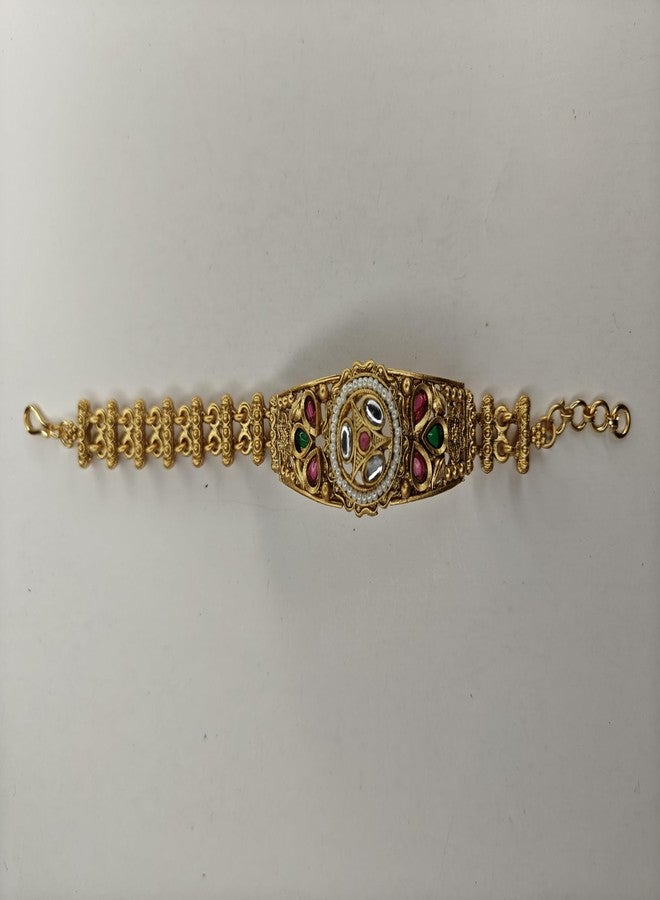 LIZA Traditional Antique Gold-Plated Kundan Bracelet for Women | Ruby & Green Stone Ethnic Designer Kada | Wedding & Festive Imitation Jewellery - Image 3