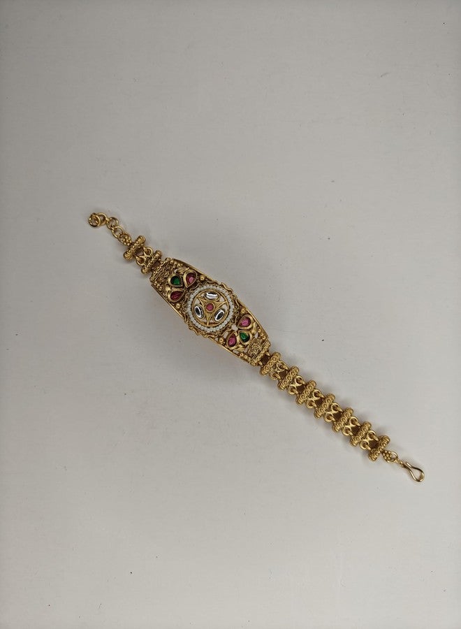 LIZA Traditional Antique Gold-Plated Kundan Bracelet for Women | Ruby & Green Stone Ethnic Designer Kada | Wedding & Festive Imitation Jewellery - Image 5