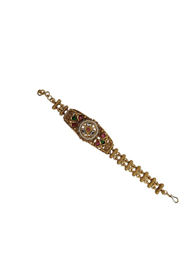 LIZA Traditional Antique Gold-Plated Kundan Bracelet for Women | Ruby & Green Stone Ethnic Designer Kada | Wedding & Festive Imitation Jewellery - Image 1