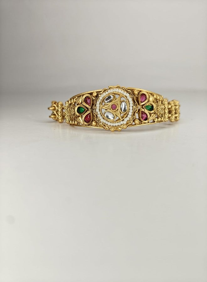 LIZA Traditional Antique Gold-Plated Kundan Bracelet for Women | Ruby & Green Stone Ethnic Designer Kada | Wedding & Festive Imitation Jewellery - Image 4