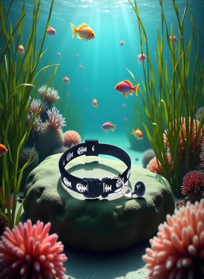Jowxsx Black Adjustable Length: 19cm - 32cm Dog Cat Fish Bone Print Breakaway Collars with Bell Cute Puppy Kitten Adjustable Buckle Collars Neck Strap Pet Supply Basic Collars - Image 5