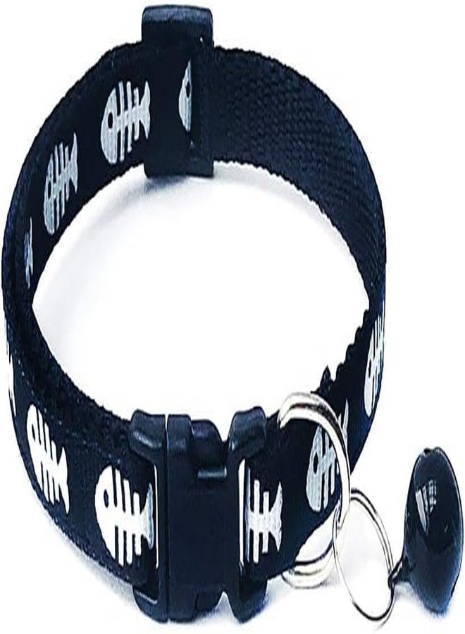 Jowxsx Black Adjustable Length: 19cm - 32cm Dog Cat Fish Bone Print Breakaway Collars with Bell Cute Puppy Kitten Adjustable Buckle Collars Neck Strap Pet Supply Basic Collars - Image 2