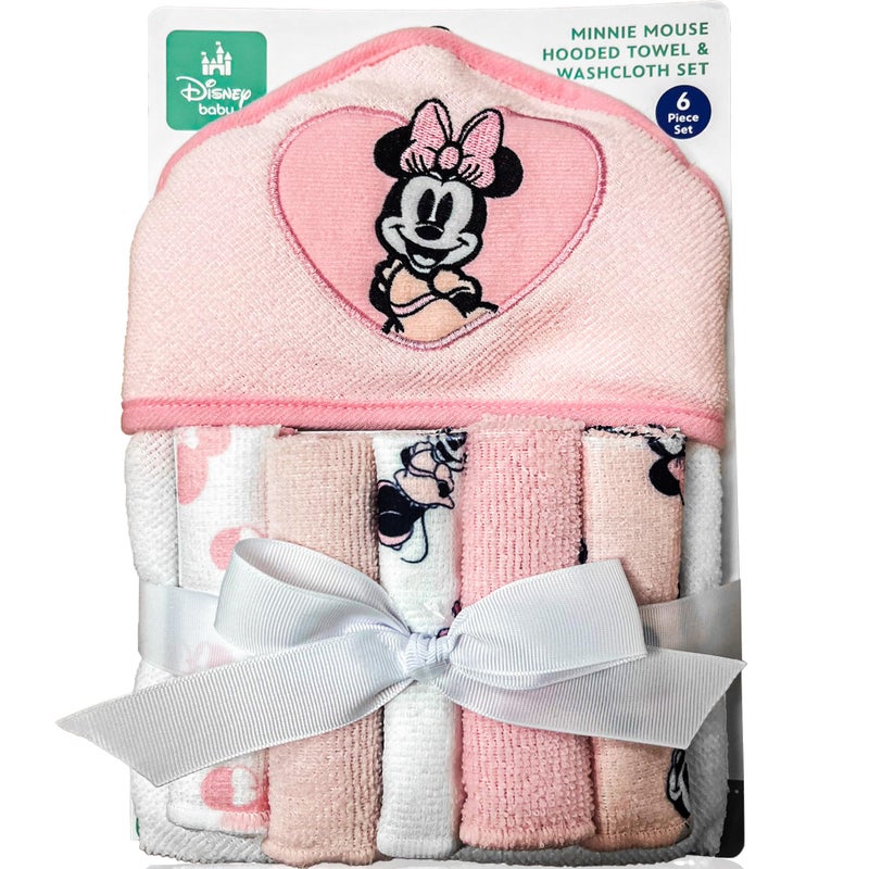 Cudlie Accessories Disney Baby Minnie Mouse Hooded Towel with 5 Piece Washcloth Set (Pink) - Image 1