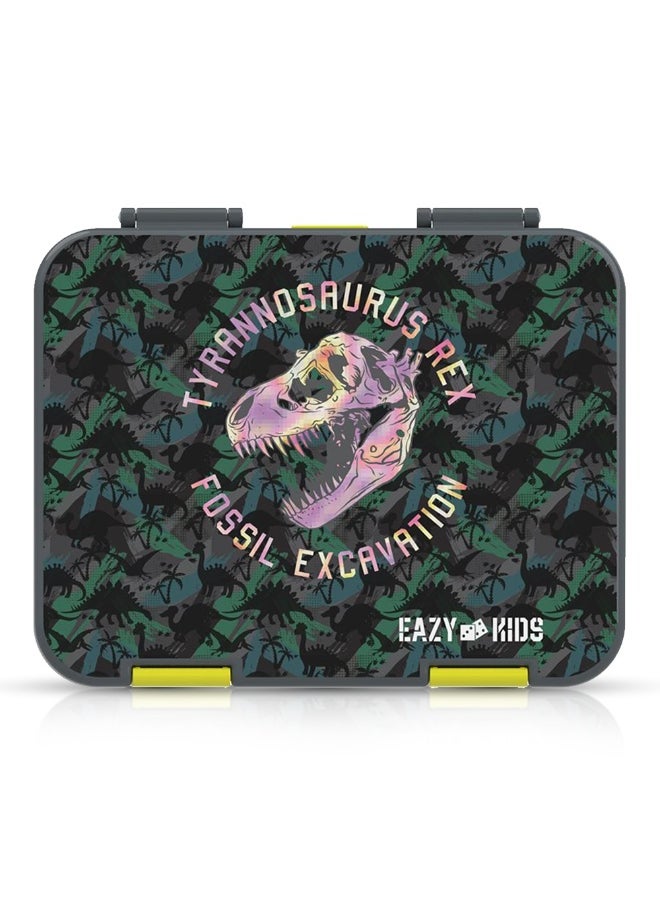 Eazy Kids Eazy Kids 6 & 4 Convertible Bento Lunch Box w/ Steel Spoon & Fork Set and Alphabets Sticker - T-Rex dino Grey  - Image 2