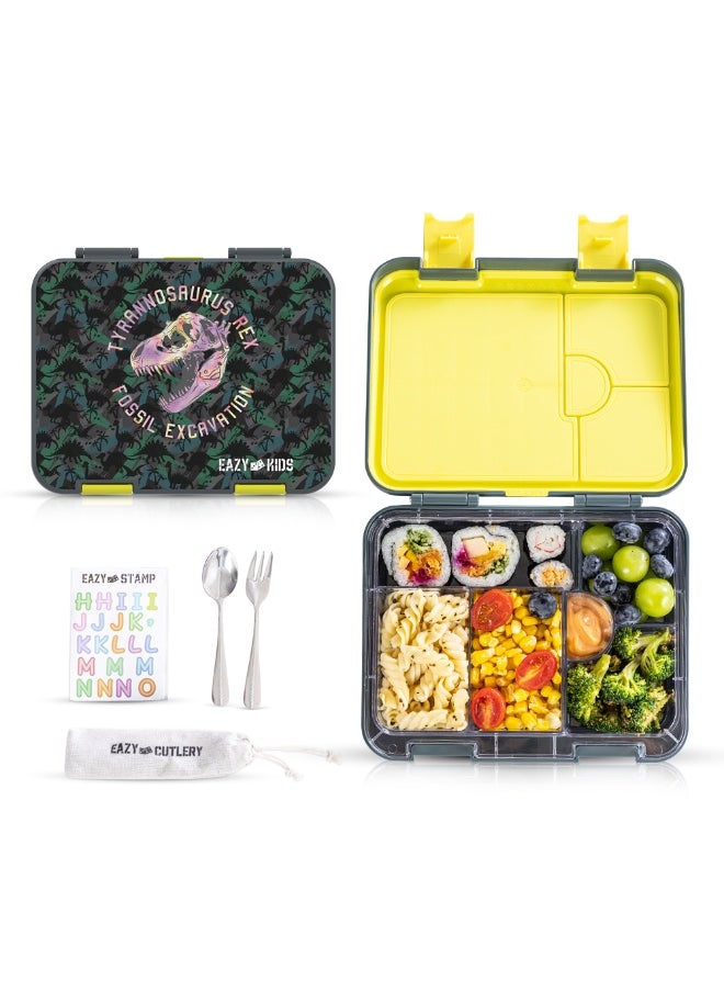 Eazy Kids Eazy Kids 6 & 4 Convertible Bento Lunch Box w/ Steel Spoon & Fork Set and Alphabets Sticker - T-Rex dino Grey  - Image 1