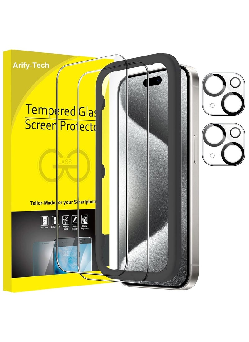 Arify-Tech Full Coverage Screen Protector for iPhone 15 Pro 6.1-Inch with Camera Lens Protector, Tempered Glass Film, HD Clear, 2-Pack Each  - Image 1