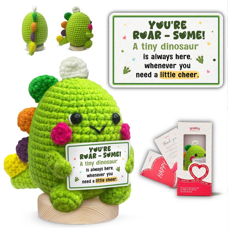Gossby Handmade Positive Dinosaur Crochet - Inspirational Gift for Women - A Tiny Dinosaur is Always Here - Christmas, Birthday, Emotional Positive Energy Gift for Coworker, Sister, Friend, Teacher - Image 1