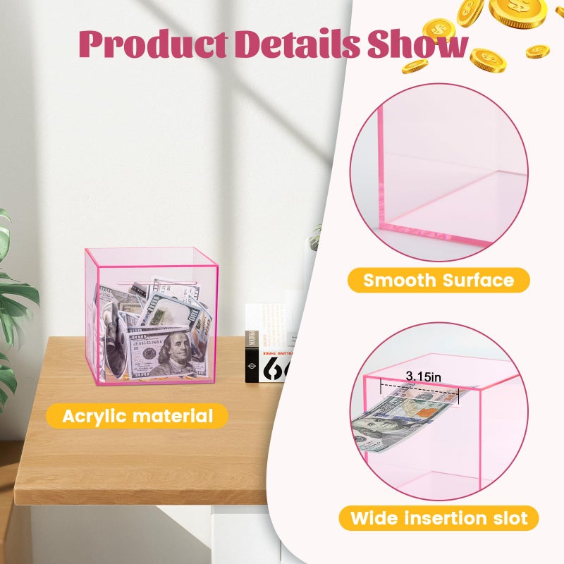 Imeepa Clear Piggy Bank for Adults & Kids - Acrylic Money Savings Box for Cash & Coin, Must Break to Open, Unopenable Piggy Bank for Boys Girls(Pink, 4.72'') - Image 4