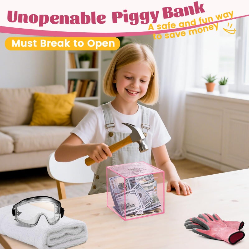 Imeepa Clear Piggy Bank for Adults & Kids - Acrylic Money Savings Box for Cash & Coin, Must Break to Open, Unopenable Piggy Bank for Boys Girls(Pink, 4.72'') - Image 3