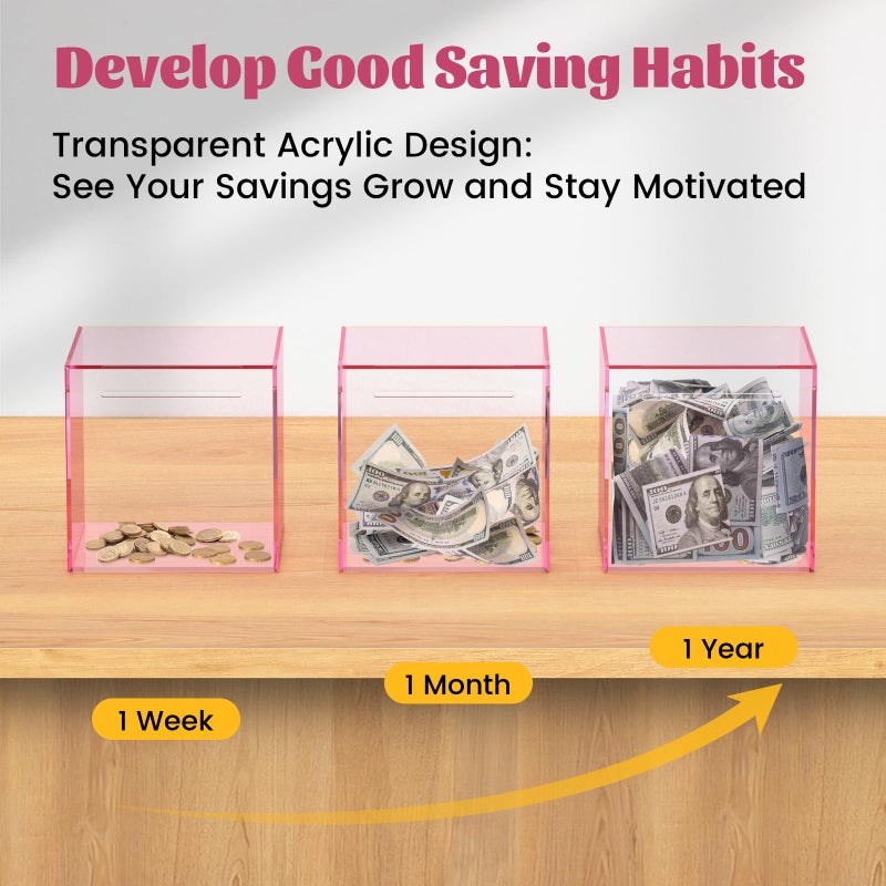 Imeepa Clear Piggy Bank for Adults & Kids - Acrylic Money Savings Box for Cash & Coin, Must Break to Open, Unopenable Piggy Bank for Boys Girls(Pink, 4.72'') - Image 5