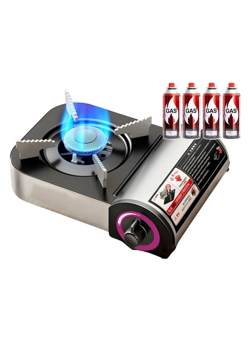 GO2CAMPS Portable Mini Camping Gas Stove Burner with Adjustable Flame Control – Compact Butane Gas Cooker with 4 Butane Cartridges [ Compo Pack ] – 1.8kW High Efficiency Flame – Outdoor Cooking Stove for Camping, Hiking, Picnics & Emergency Use - Image 1