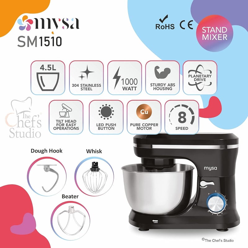 MYSA SM1510 1000W Stand Mixer Planetary Drive Heavy Duty with 45 Ltr Stainless Steel Bowl 8 Speed with for Baking and Cooking includes 3 attachments Dough Hook Wire Whisk and Beater Black - Image 3