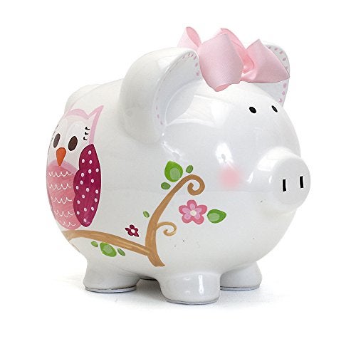 Child to Cherish Ceramic Piggy Bank for Girls, Pink Dotted Owl - Image 1