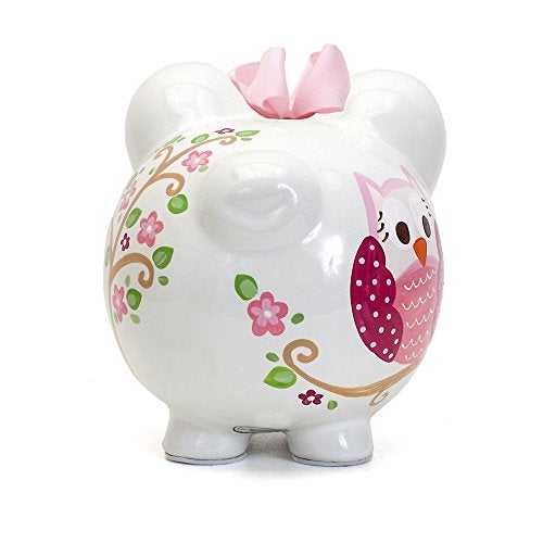 Child to Cherish Ceramic Piggy Bank for Girls, Pink Dotted Owl - Image 2