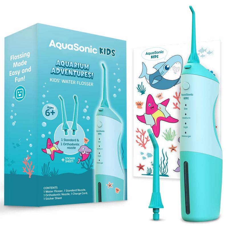 AquaSonic Kids' Water Flosser for Ages 6+ | Standard Nozzle, Orthodontic Nozzle & Waterproof Stickers | 4 Flossing Modes | Aquarium Adventures Theme (Blue) - Image 1