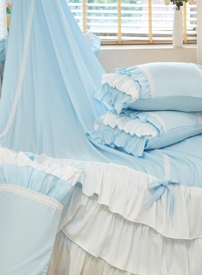 UGEYAO Ruffle Duvet Cover Full Size, Girl Bow Bedding, Shabby Chic French Country Style for Bed Decor, 3PCS - 1 Full Duvet Cover 79x90 Inch and 2 Pillowcase, Coquette Princess - White and Blue - Image 3