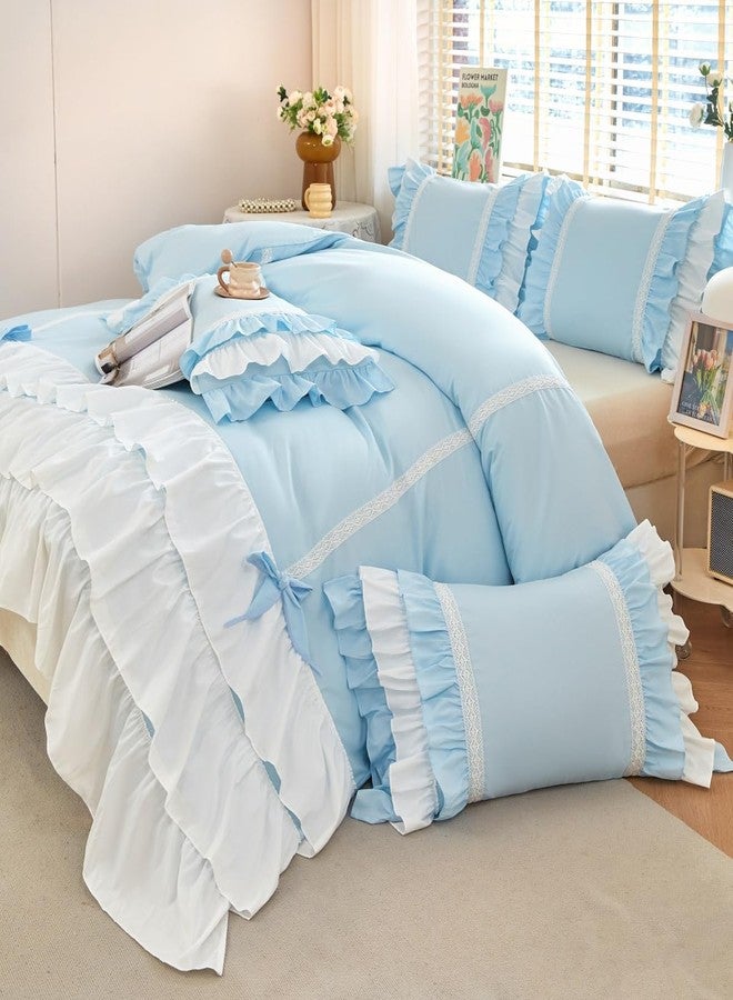 UGEYAO Ruffle Duvet Cover Full Size, Girl Bow Bedding, Shabby Chic French Country Style for Bed Decor, 3PCS - 1 Full Duvet Cover 79x90 Inch and 2 Pillowcase, Coquette Princess - White and Blue - Image 1