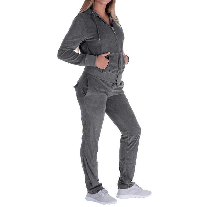 Facitisu Womens Velour Tracksuit 2 Pieces Zip Up Hoodie & Sweatpants Active Jogging Outfits Sweatsuits S-3XL X-Large Dk.Grey - Image 2