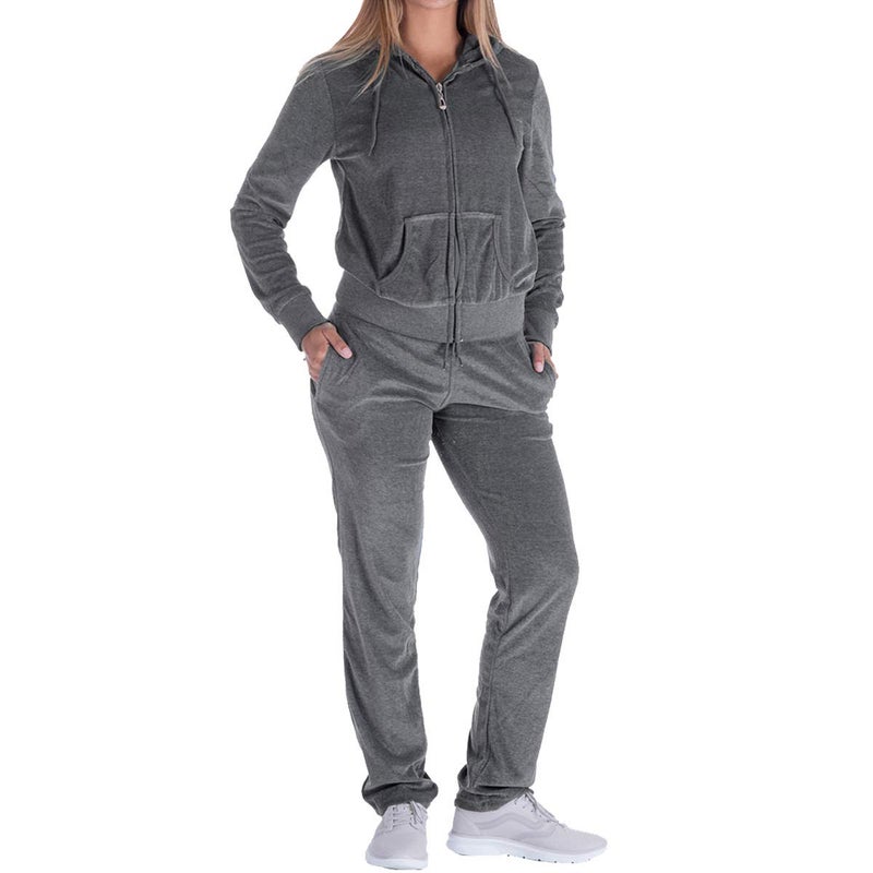 Facitisu Womens Velour Tracksuit 2 Pieces Zip Up Hoodie & Sweatpants Active Jogging Outfits Sweatsuits S-3XL X-Large Dk.Grey - Image 1
