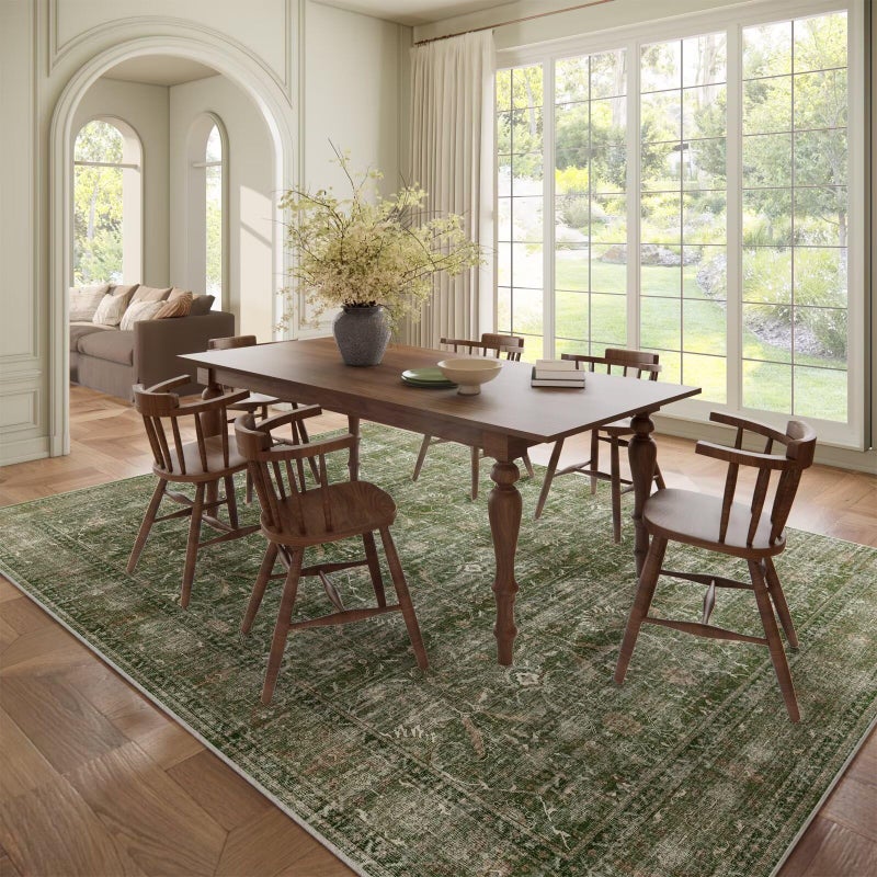 Hedwior Washable 8x10 Area Rugs for Living Room, Boho Non-Slip Vintage Distress Large Rugs for Bedroom Dining Room Nursery Office, 0.3" Neutral Oriental Throw Thin Carpet, Grass Green/Multi - Image 3