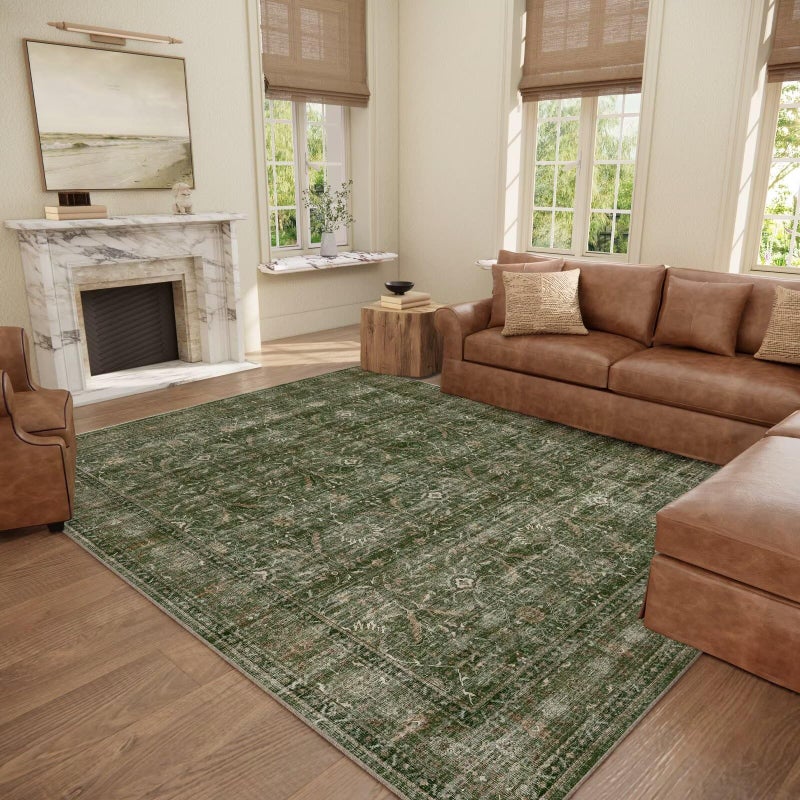 Hedwior Washable 8x10 Area Rugs for Living Room, Boho Non-Slip Vintage Distress Large Rugs for Bedroom Dining Room Nursery Office, 0.3" Neutral Oriental Throw Thin Carpet, Grass Green/Multi - Image 1