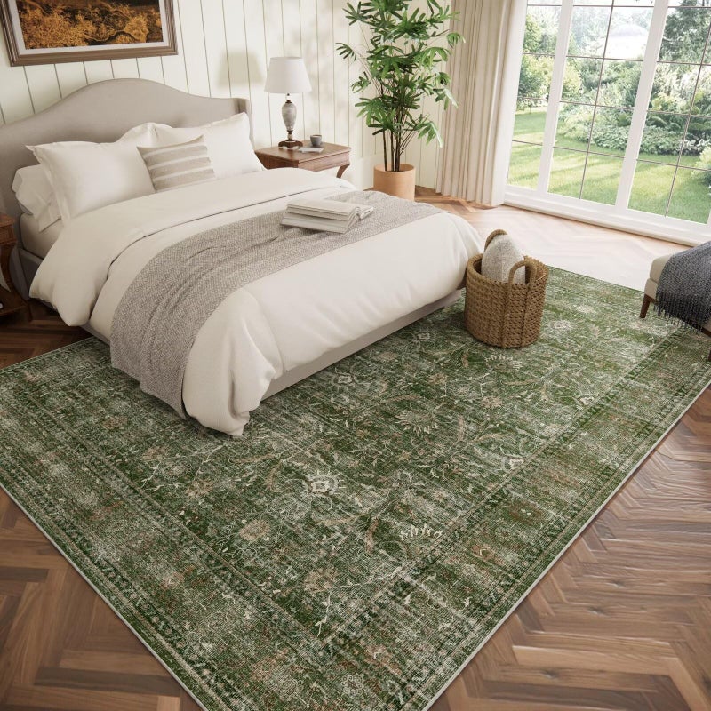 Hedwior Washable 8x10 Area Rugs for Living Room, Boho Non-Slip Vintage Distress Large Rugs for Bedroom Dining Room Nursery Office, 0.3" Neutral Oriental Throw Thin Carpet, Grass Green/Multi - Image 2