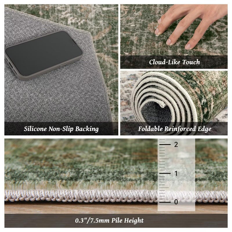 Hedwior Washable 8x10 Area Rugs for Living Room, Boho Non-Slip Vintage Distress Large Rugs for Bedroom Dining Room Nursery Office, 0.3" Neutral Oriental Throw Thin Carpet, Grass Green/Multi - Image 5